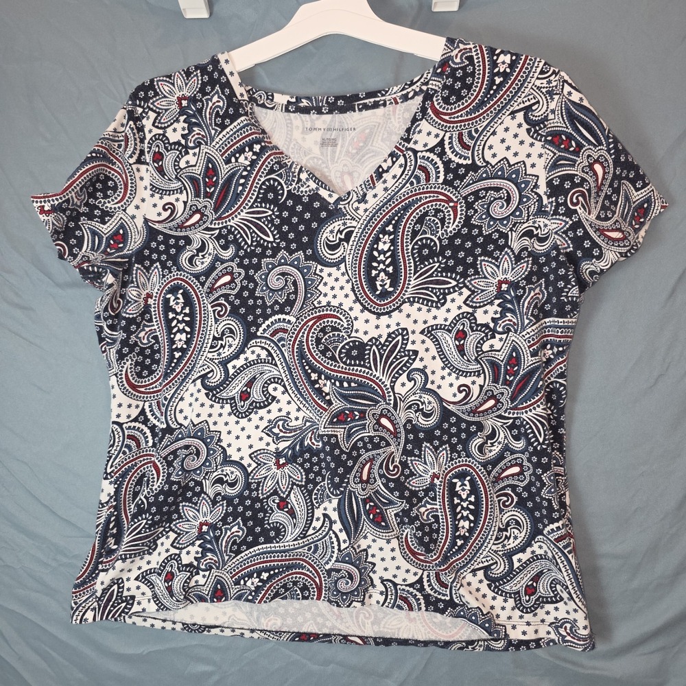 XL Tommy Hilfiger V Neck Womens  Blue Red White Short Sleeve